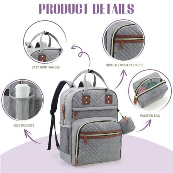 Tuwubi Diaper Bag Backpack Baby Travel Tote Waterproof Stroller Straps Grey - Picture 4 of 7